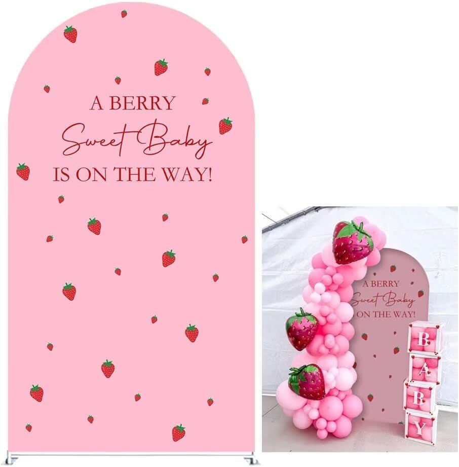 A Berry Sweet Baby is ON The Way! Pink Arched Backdrop Cover Strawberry Theme Stretchy Arched Stand Covers for Girls Birthday Baby Shower Decorations Display Props(Only Cover)