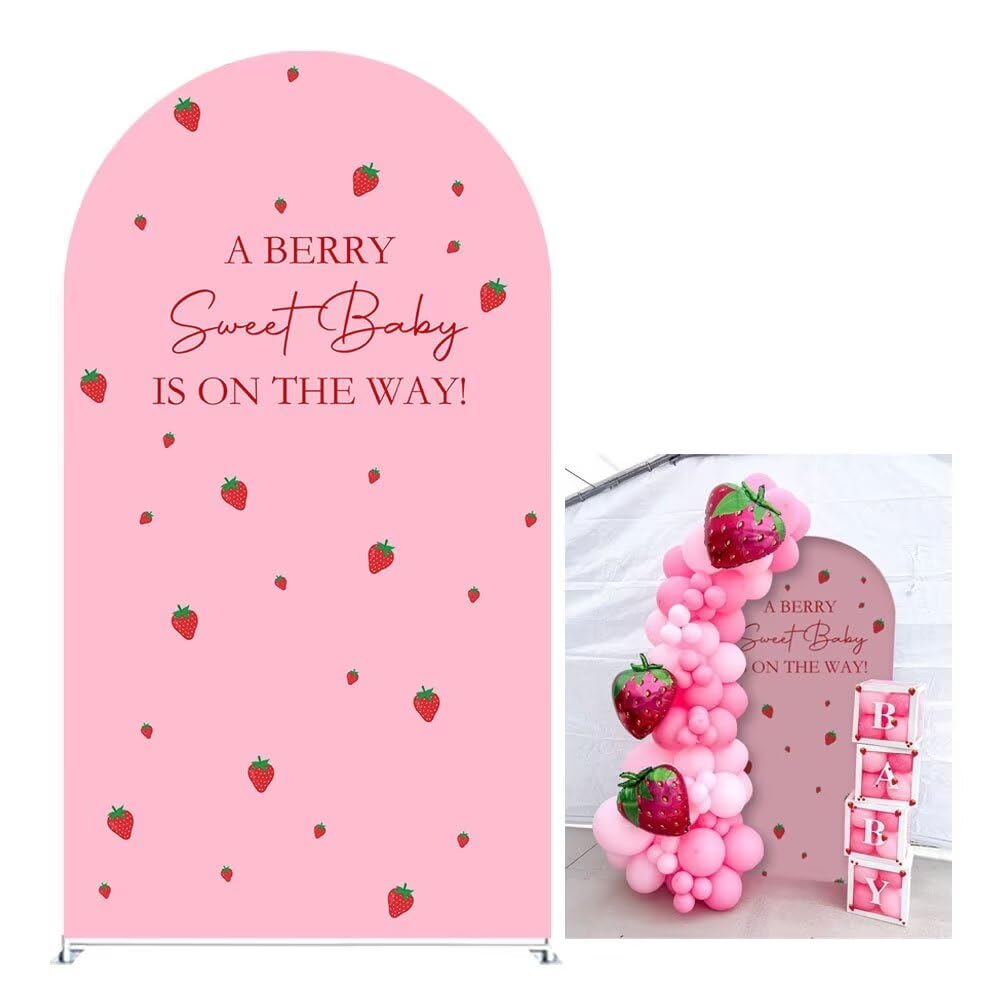 KONPON A Berry Sweet Baby is ON The Way! Pink Arched Backdrop Cover Strawberry Theme Stretchy Arched Stand Covers for Girls Birthday Baby Shower