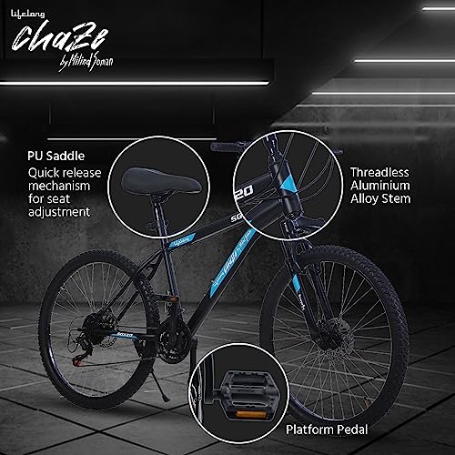 Image of Lifelong Chaze Shimano Gear Cycle By Milind Soman Sgx20 27.5T with Dual Disc 21 Speed|for:Unisex Adults(15Y+)|Frame Size: 18 inch|Ideal Height : 5'6 inch|85% Assembled(Czbc2794,Black&Blue) Mountain Bike