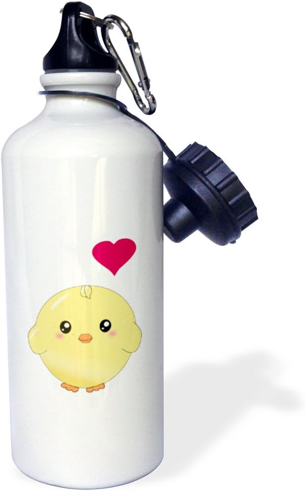 3dRose "Cute yellow chick with red love heart sweet kawaii anime cartoon adorable round baby bird" Sports Water Bottle, 21 oz, White