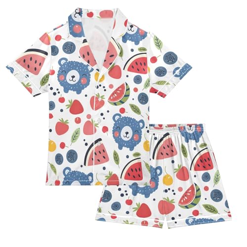 ALAZA Bear Strawberry Leaf Fruit Satin Pajamas Set Short Sleeve Button Down Sleepwear Summer Pjs 2 Piece