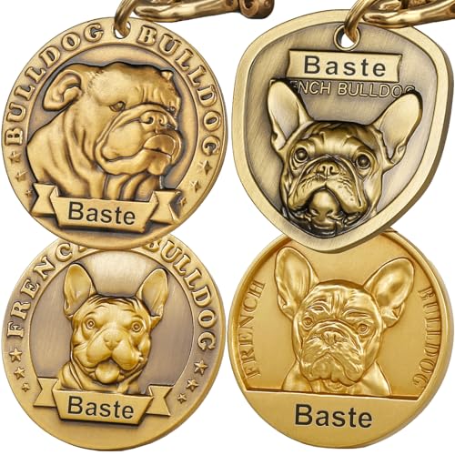 English and Frenchie Bulldog Dog Tags Personalized for Pets Custom Engraved Dog Name Id Tag Pure Copper 3D Dimensional Embossed Pet Head English and French Bulldog Dog Collar Accessories