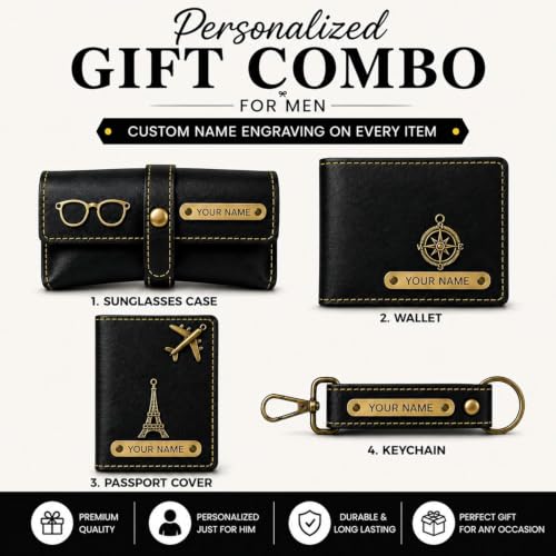 Image of Customized Wallet Combo Gift Set for Men | Faux Leather Wallet, Passport Cover & Keychain with Name & Charm | Personalized Gift for Birthday, Rakhi & Anniversary (Black wkps)