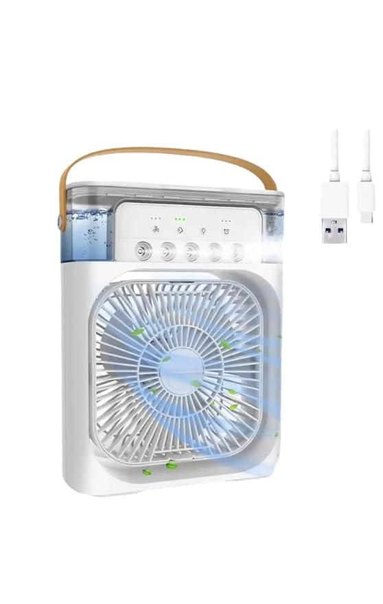 Portable Air Cooler Fan with Humidifier & LED Light | USB Rechargeable Mini Air Conditioner | Personal Cooling Fan with Water Tank, Adjustable Speed & Silent Operation