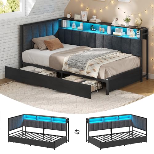 KIMENICH Polsterbett Schlafsofa 90x200 mit LED-Beleuchtung Ladestation Hohes Gepolstertes Kopfteil Tagesbett Jugendbett mit 2 Schubladen und Lattenrost aus Metall Offene Regale Grau