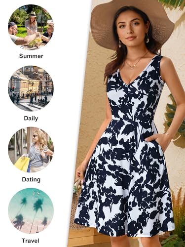 Image of HUHOT Womens Sleeveless V Neck Dress with Pocket Summer Beach Midi Flared Tank Dress