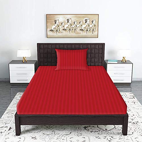 Image of Cotton Blend Fitted Stripe Single Size Elastic Fitted Bedsheets with Pillow Covers (Red SB)