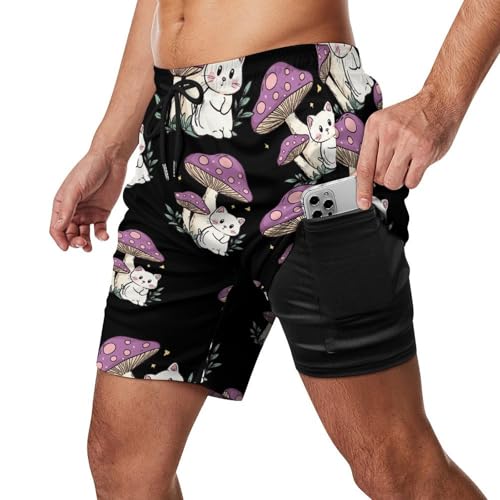 White Cat Mushrooms Beach Shorts for Men Swim Trunks Quick Dry Swim Shorts with Compression Liner Pocket2