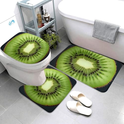 Dwrepo Kiwi Slice Print Bathroom Rug Set 3 Piece with Non-Slip U-Shaped Contour Mat and Toilet Lid Cover for Bathroom Decoration
