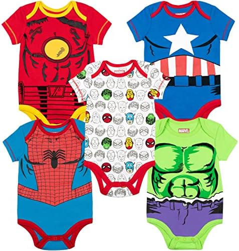 Marvel Baby Boys' 5 Pack Bodysuits - The Hulk, Spiderman, Iron Man and Captain America