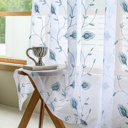 Image of Floral Embroidery Sheer Curtains Blue 63 Inches, Rod Pocket Voile Drapes for Living room, Bedroom, Window Treatments Semi Crinkle Curtain Panels for Yard, Patio, Villa, Parlor, Set of 2, 52 inchx 63 inch.