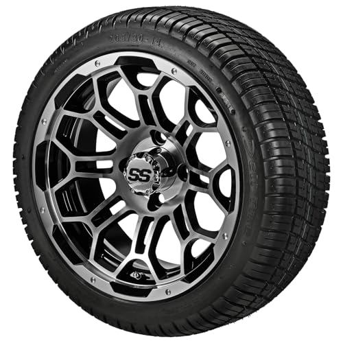 RM Cart 14" Hercules Black/Machined on a 205/30-14 Deli Low Profile Tires (Set of 4) | Golf Cart Tiress and Wheels Combo with Standard Lug Nuts