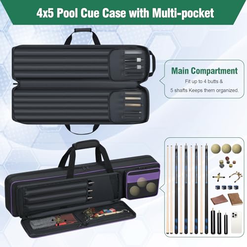 Pool Cue Case 4x5 - Padded Billiard Stick Bag With Multi-pocket for 4 Butts and 5 Shafts, Carrying Soft Case With Backpack-straps for Cues and Accessories (Purple)
