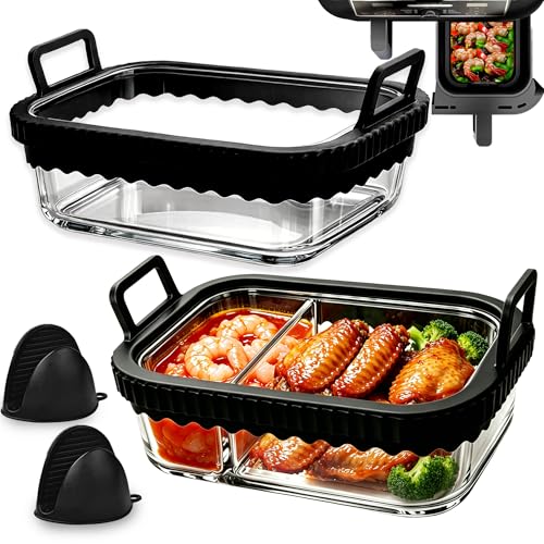 2er-Set Glas-Auflaufform für Ninja Double Stack XL & Dual Zone AF400EU DZ400EU AF500EU | Airfryer Zubehör mit Trennwand & Entnahmeklammer | 21x16 cm BPA-frei spülmaschinenfest