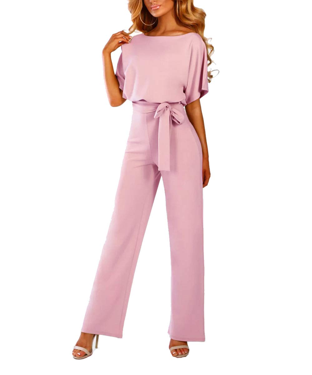 Dreamskull Womens Casual Loose Short Batwing Sleeve Belted Wide Leg Pant Romper Jumpsuits with Belt…