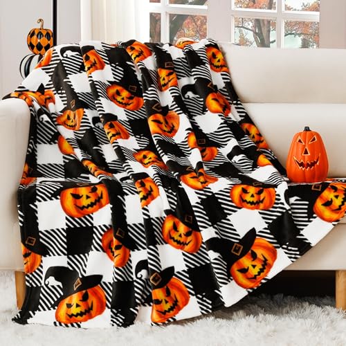 Touchat Halloween Blanket, Fleece Throw Blankets, Buffalo Plaid Throw Blanket for Couch Sofa Bed, Soft Warm Fuzzy Cozy Plush Checkered Blanket, Farmhouse Fall Decor, Black