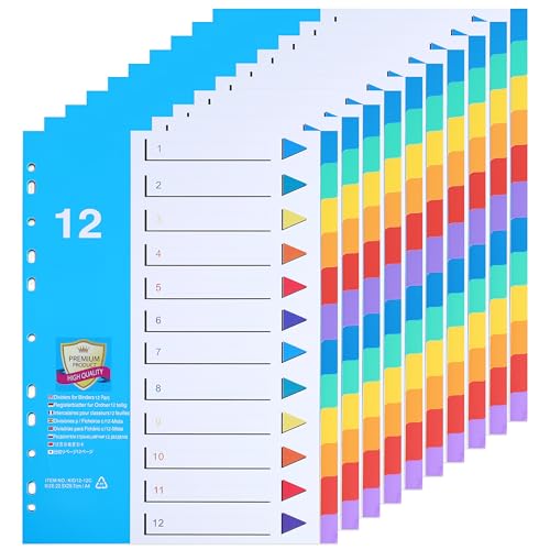 [10 Stück]12-teiliges Register für Ordner A4 1-12,Farbig Ordner Trennblätter aus PP für Schule, Büro