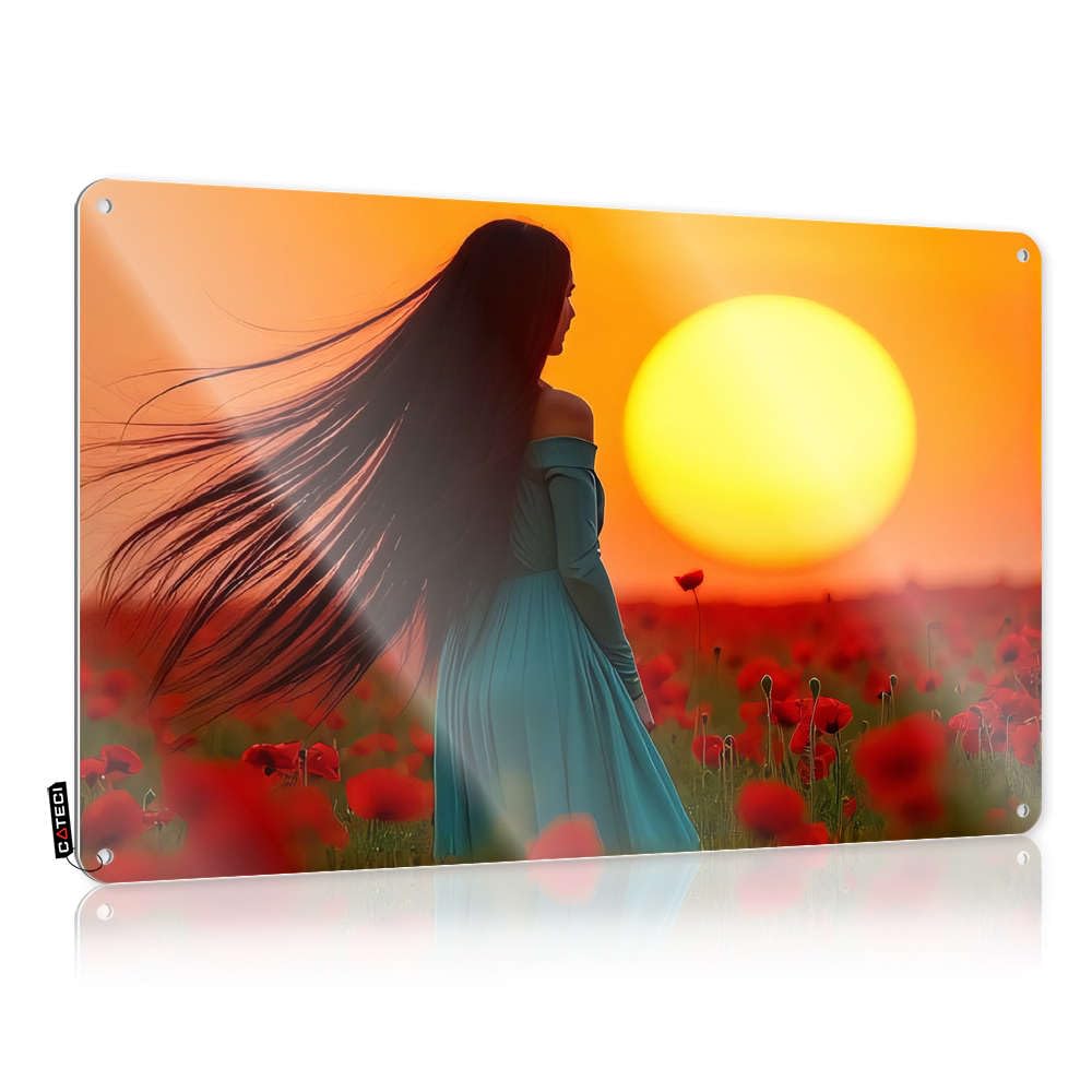 Fzfn Colour Girly Handcrafted Farmhouse Signs - Woman In Blue Dress Standing In Poppy Field At Sunset Rustic Wall Art Nice Easy Hang For Camping(20X30cm)