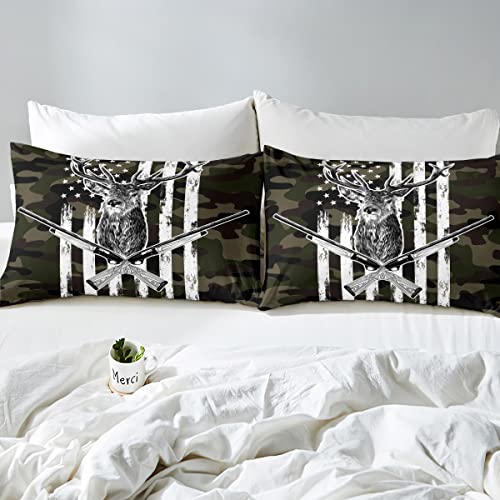 Erosebridal Deer Camo Bedding Set American Flag Duvet Cover Hunting Theme Comforter Cover Military Army Green Camouflage Bedspread Wild Animal Moose Print Western Rustic Farmhouse Decor Bedding Full #TOP4
