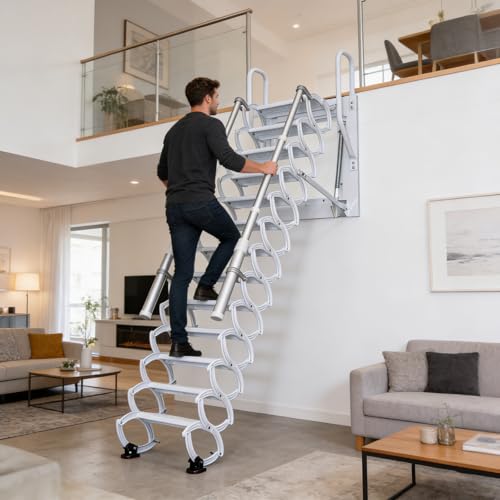 Image of 12 Steps Attic Stairs,Wall Mounted Folding Loft Ladder,Retractable Collapsible Stairs,Extension Steps Ladder with Armrests,Telescoping with Pulldown System (White, Step 12)