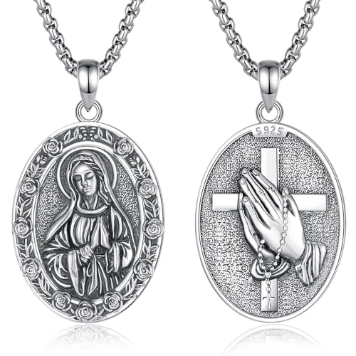 INFUSEU Virgin Mary Necklace Blessed Mother Mary Pendant Saint Serenity Prayer Praying Hands Jewelry Silver Women Miraculous Medal Catholic Gifts Christian Religious Medallion Holy Rose Flower