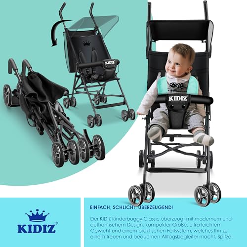 KIDIZ® Kinderwagen CITY Buggy Kinderbuggy klappbar Sportwagen Faltbar 360° 4-Zoll-Räder Inkl. Sonnen- und Regenverdeck zusammenklappbar 5-Punkt-Sicherheitsgurt ab 6 Monate, Schwarz