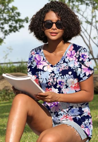 Image of CATHY 2026 Women Tops Summer Short Sleeve Tunic V Neck T-Shirts Loose Casual Floral Blouse S-4XL