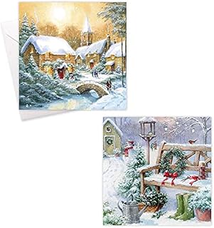 Traditional Village Scenery Bench Covered in Snow Christmas Cards Assorted Festive Theme - 20 Cards in 2 Traditional Designs & Envelopes
