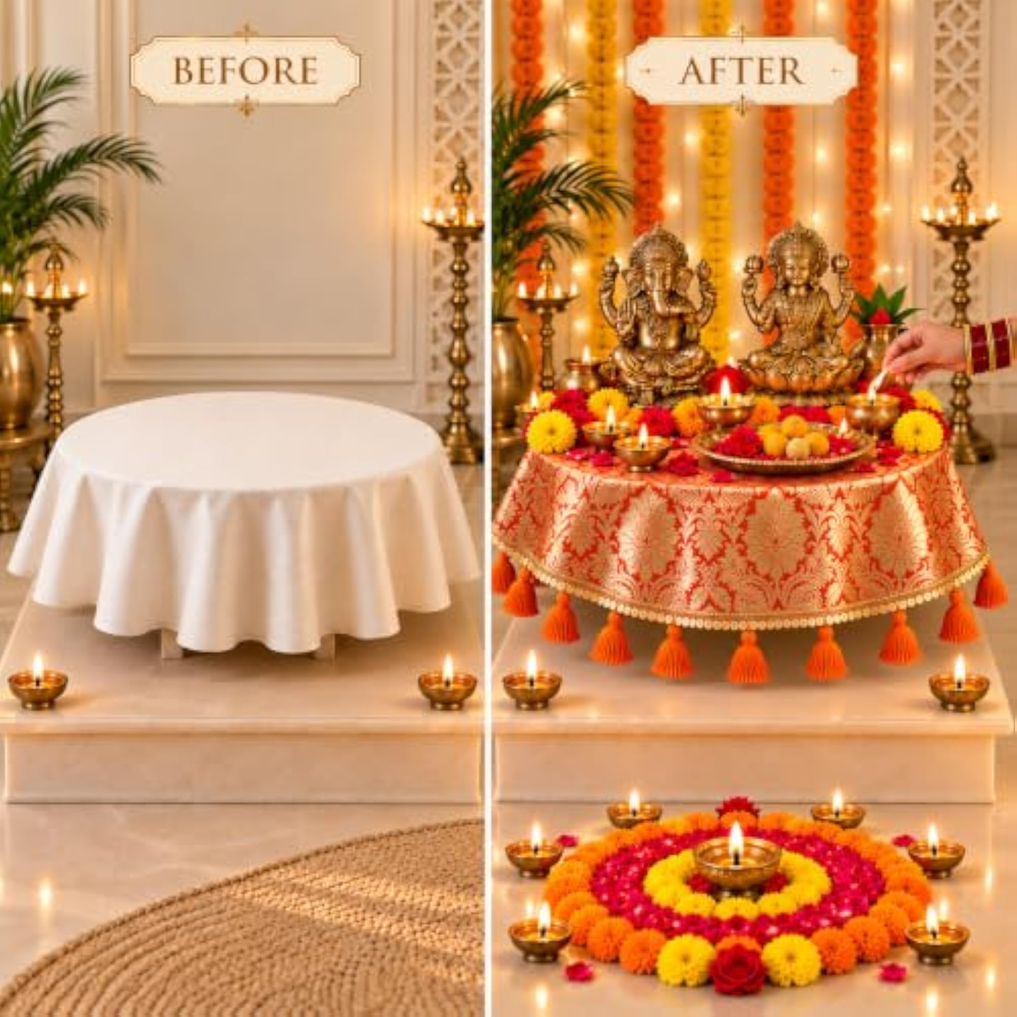 Orange Brocade Silk Round Thali & Chowki Cover with Gold Lace