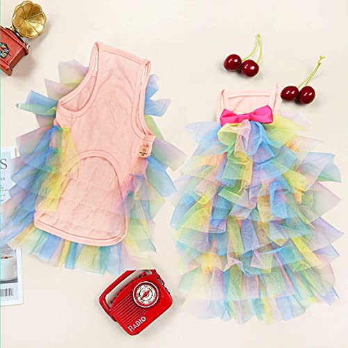 Moorfowl Small Dog Rainbow Sundress With Bowknot Puppy Tulle Skirt Colorful Princess Dress For Pet Cat Shirt Clothes Doggie Apparel For Party Birthday Wedding Costumes (Small) #TOP2