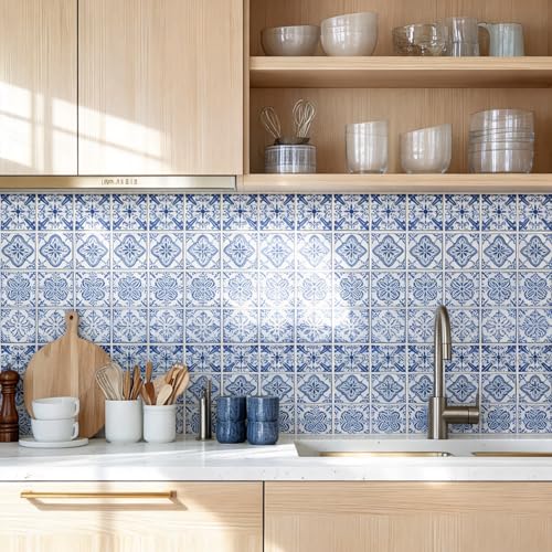 Image of CHGCRAFT 36 Pcs 4 Styles 4×4 Inch Blue and Beige Portuguese Pattern Waterproof Self Adhesive Peel and Stick Wall Tile Decals, for Kitchen Bathroom Wall Art Decor