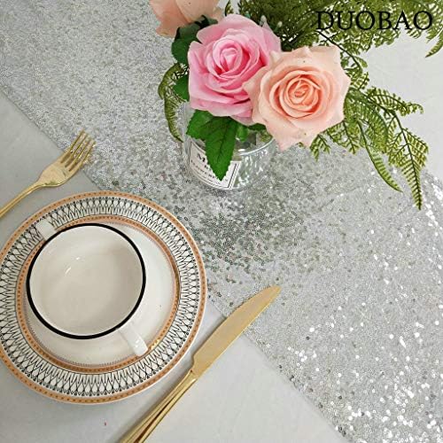 DUOBAO Silver Sequin Table Runner 12x120-Inch Silver Table Runners for Parties Silver Table Runner 120 inches Long Silver Table Runners for Wedding Reception Glitter Table Runner