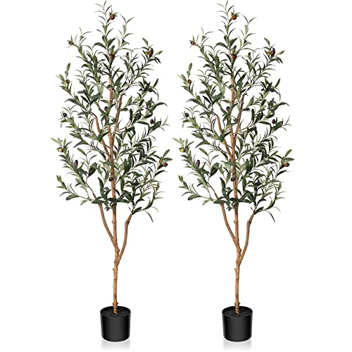 Image of Kazeila Artificial Olive Tree 5FT Tall Faux Silk Plant for Home Office Decor Indoor Fake Potted Tree with Wood Branches and Fruits, 2 Pack