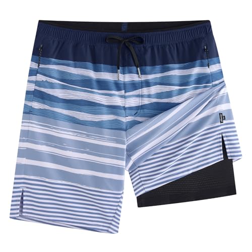 maamgic Mens Swim Trunks 9" with Zipper Pockets, Quick Dry Board Shorts, 4-Way Stretch Compression Lined Bathing Suits, Effortless Flex for Beach, Vacation, Cruise Blue Lines Black XXX-Large
