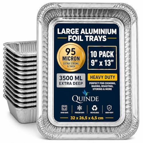QUINDE Large Foil Trays Pack of 10 Heavy Duty 3500ml Aluminium Containers (9×13) Deep Roasting Baking & Cooking Turkey Trays Disposable Catering Food Containers (Without LIDS)