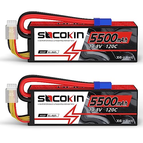 Socokin 4S Lipo Battery 5500mAh 14.8V 120C Lipo Battery with EC5 Connector Hard Case for RC Car Truck Tank RC Buggy Truggy RC Model Racing Hobby(2 Pack)