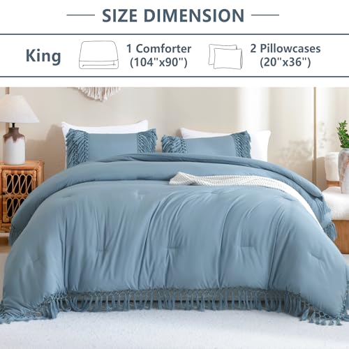 Image of Andency Grayish Blue Comforter Set King, 3 Pieces Boho Tassel Lightweight Soft Bedding Comforter Sets for King Bed, All Season Fluffy Fringe Bed Set (104x90In Comforter & 2 Pillowcases)