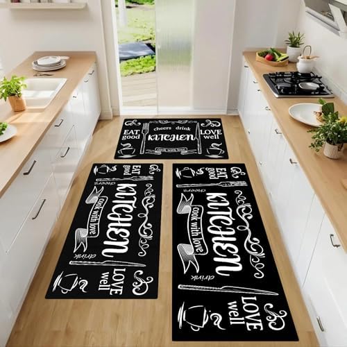 Kitchen Mats for Floor, Non Slip Washable Kitchen Rugs Sets of 3, Black Farmhouse Cushioned Stain Resistant Kitchen Runner Rug for Kitchen Floor, Laundry Room, Bathroom, Entryway Carpet Decor