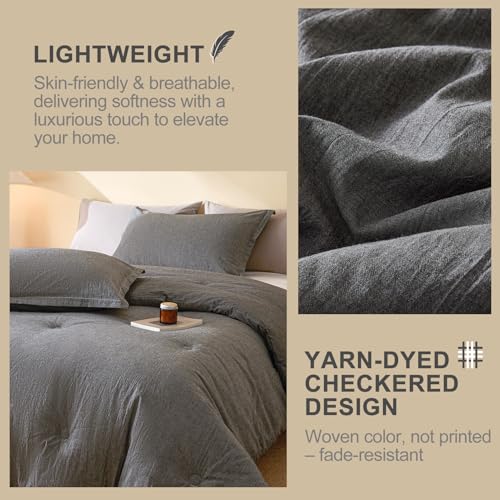 Image of 100% Cotton Comforter Set King Size - Reversible Yarn-Dyed Design, Soft Washed Cotton on Both Sides, Lightweight All-Season Bedding, Machine Washable(Black Grey, 104 inchx90 inch)