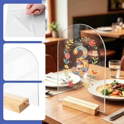 Image of Bercoor 5 Pack 8x10 Inch Blank Clear Arch Acrylic Sign with Wooden Stands, Arched Round Top Acrylic Sheet, Arch Table Numbers for DIY Name Card Gifts Event Party Sign Decoration