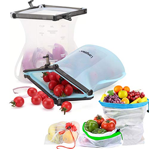[5pack] longzon 2 Reusable Silicone Food Storage Bags Containers | Sandwich, Sous Vide, Liquid, Snack, Lunch, Fruit, Freezer Airtight Seal + 3 Different Size Reusable Produce Mesh Bags