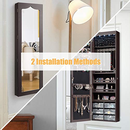 Charmaid 5 Leds Jewelry Armoire Wall Mounted/Door Hanging Mirror, Lockable Jewelry Cabinet With Full Length Mirror And 6 Drawers, Large Capacity Jewelry Organizer Storage Box For Women Girls (Brown) #TOP1