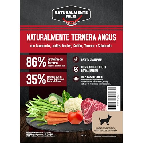 Pienso Seco Naturalmente Feliz con Ingredientes Frescos y Super Alimentos, 100% Natural Raza pequeña 2kg (Ternera Angus)