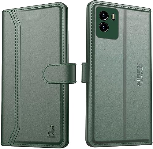 Image of AIBEX Compatible for Vivo Y15s 2022 / Vivo Y01 Flip Cover Leather Finish | Inside TPU with Card Pockets | Wallet Stand | Complete Protection Flip Case - Green