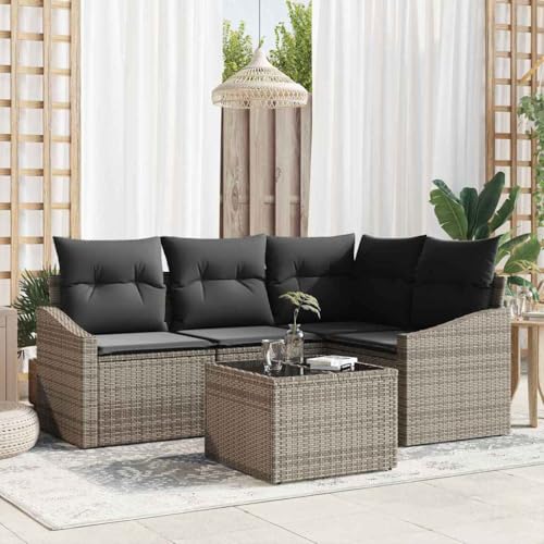 Tonture Hellgraues Poly-Rattan Sofa Set mit Kissen, 5-teilig, modular,...