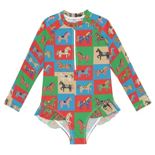 Colorful Horses on Squares Girls Rash Guard Swimsuits Long Sleeve One Pieces Bathing Suit UPF 50+ Zipper Swimwear