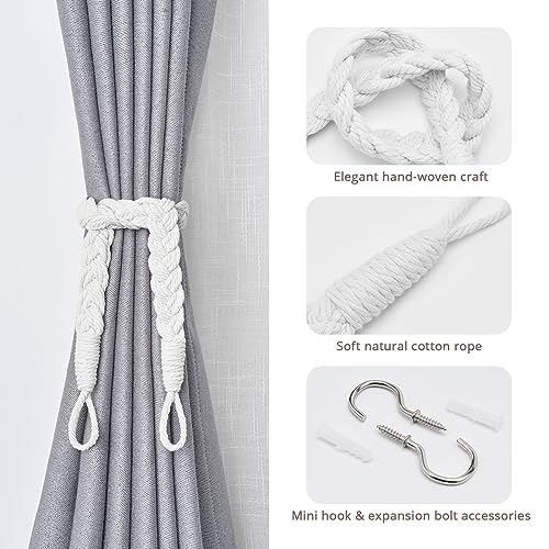 Pretty Jolly 2 Pack Natural Cotton Rope Curtain Tiebacks Elegant Boho Style Decorative Drape Tie Backs Soft Hand-Woven Rope Curtain Holdbacks with Metal Hook for Home & Office Drapery (White) - Image 2