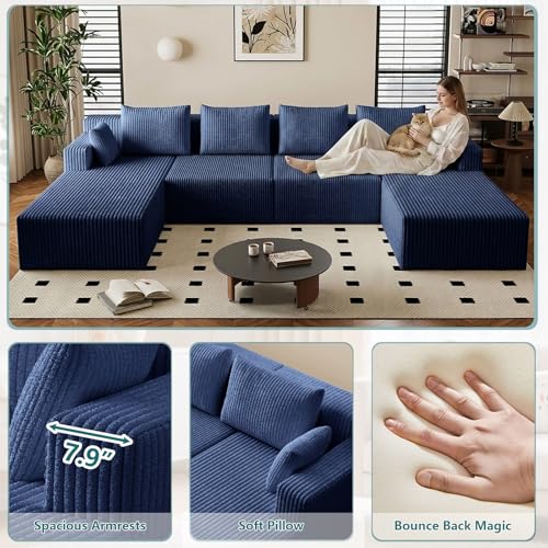 Image of 142 inch U-Shape Cloud Couch, Modern Modular Sectional U-Shape Sofa, Corduroy Boneless Couch Upholstered Couches Deep Seat Sleeper Chaise Longue for Living Room, No Assembly Required,Blue