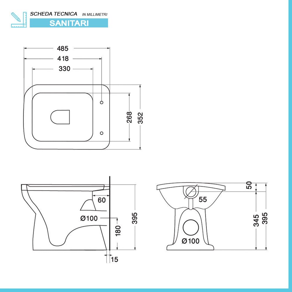 Wc Tradizionale Con Scarico A Parete 35,2x48,5 Cm In Ceramica Bianca Lucida Ginevra