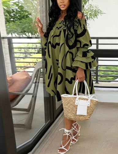 Image of WOKANSE Women's Casual Plus Size Shirred Dresses Off Shoulder Bell Sleeves Ruffle Loose Stretchy Neck Midi Dress